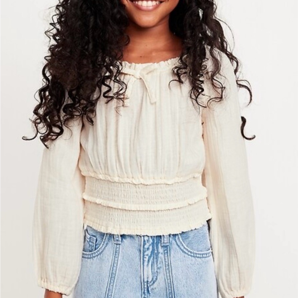Old Navy Peasant Top Long Sleeve Smocked Waist Cream Boho Size 6-7